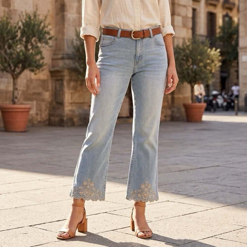 Democracy Ab Solution sz 14 Scalloped Hem Embroidered Boho Lightwash Jeans